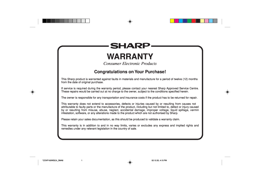 Sharp CD-XP160W operation manual Congratulations on Your Purchase, Warranty, Consumer Electronic Products, 0212A 