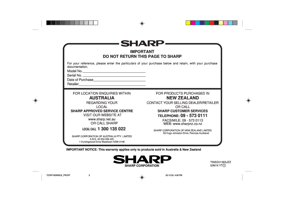 Sharp CD-XP160W Do Not Return This Page To Sharp, Australia, LOCAL CALL 1, New Zealand, Telephone, Regarding Your Local 
