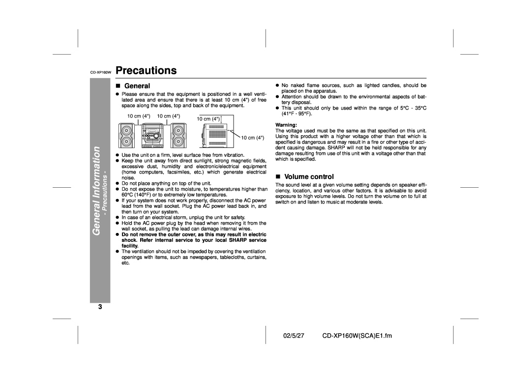 Sharp operation manual General Information - Precautions, 02/5/27 CD-XP160WSCAE1.fm 