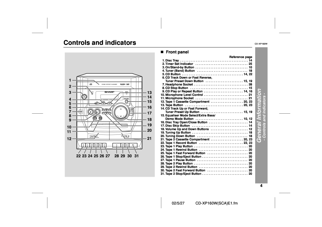 Sharp operation manual Controls and indicators, General, 02/5/27 CD-XP160WSCAE1.fm 
