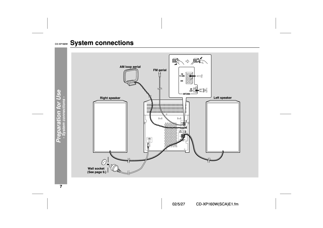 Sharp operation manual CD-XP160W System connections, Preparation for Use - System connections, 02/5/27 CD-XP160WSCAE1.fm 