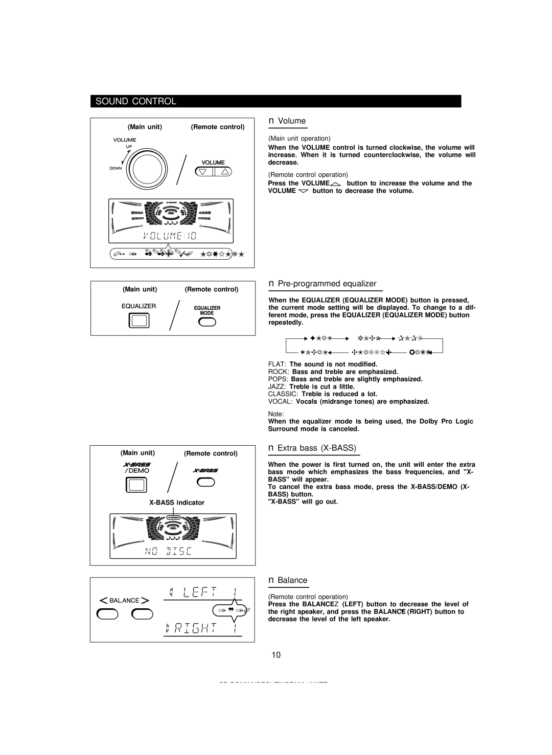 Sharp CDPC3500 operation manual Sound Control, Volume, Pre-programmed equalizer, Extra bass X-BASS, Balance 