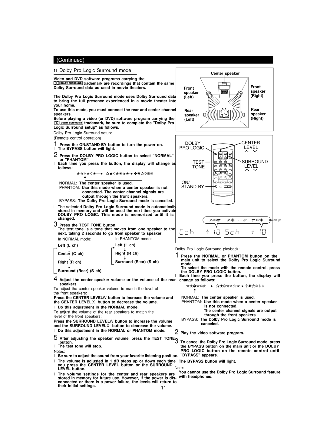 Sharp CDPC3500 Dolby Pro Logic Surround mode, +10, Normal mode Phantom mode, Dolby Pro Logic Surround playback 