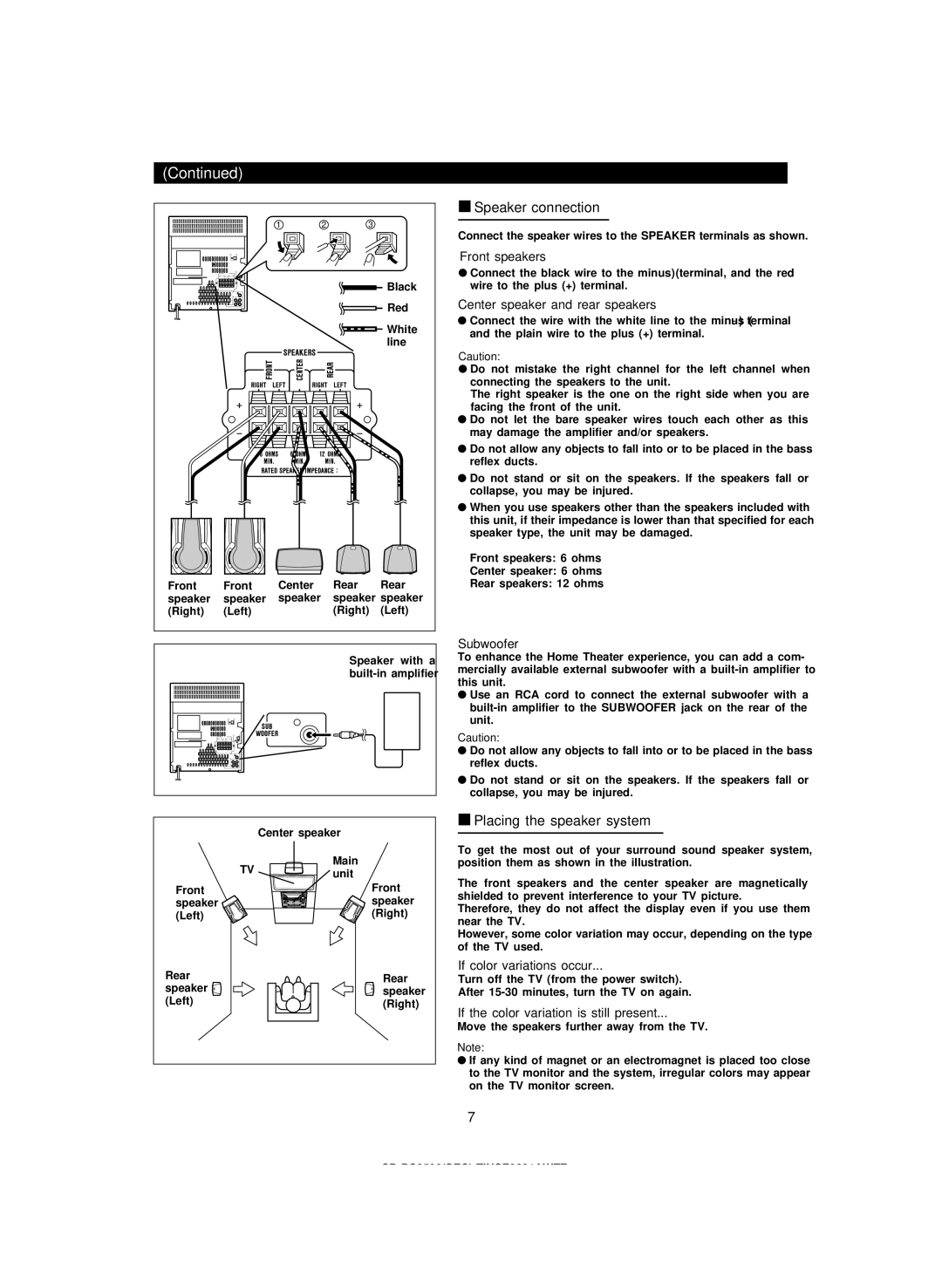 Sharp CDPC3500 operation manual Speaker connection, Placing the speaker system 