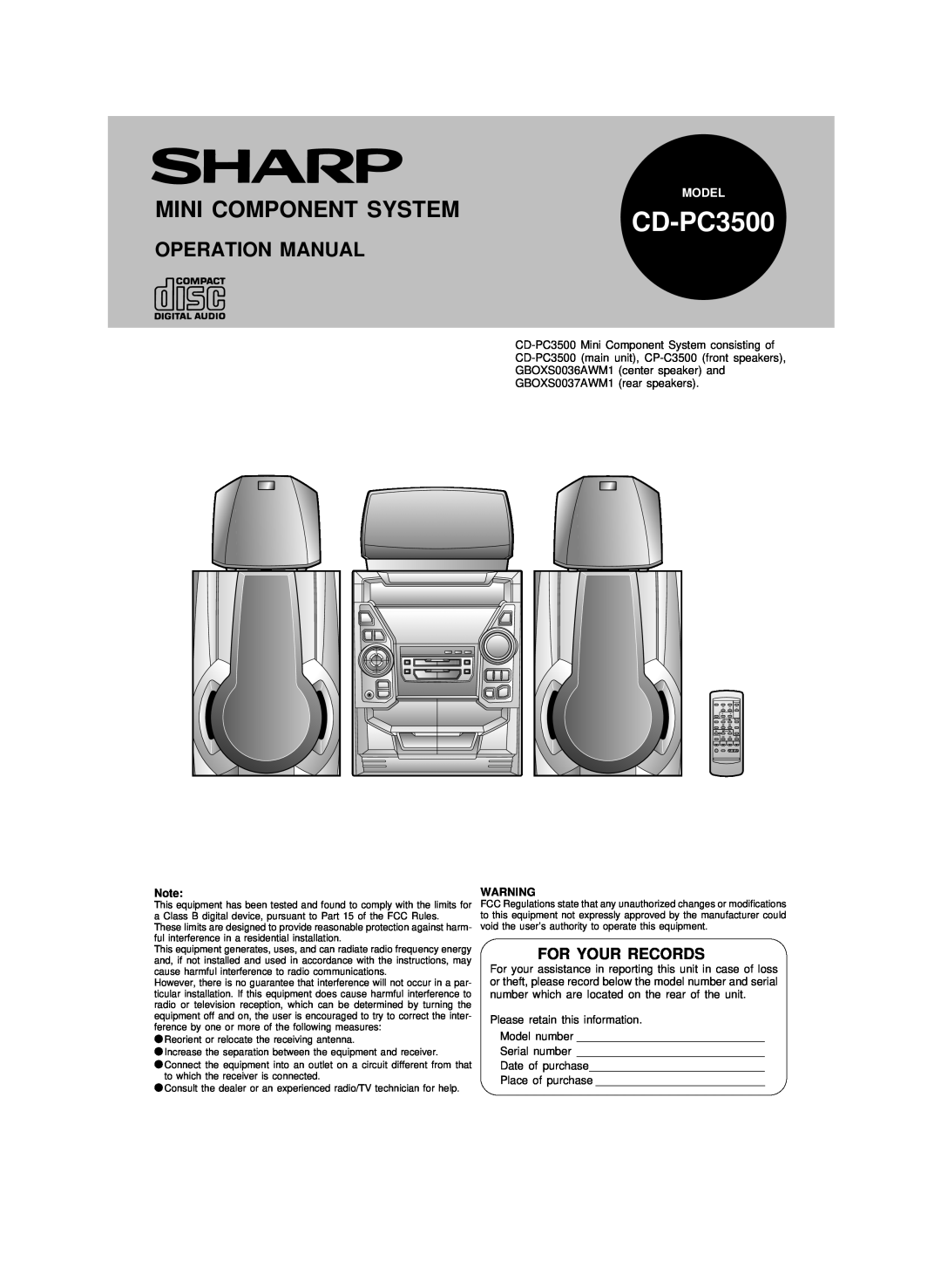 Sharp CDPC3500 operation manual For Your Records, CD-PC3500, Mini Component System, Model 