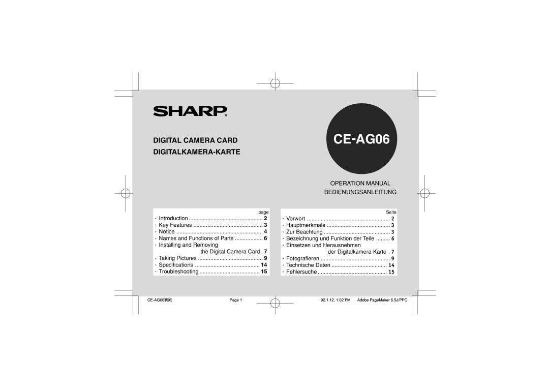 Sharp CE-AG06 operation manual Digital Camera Card 