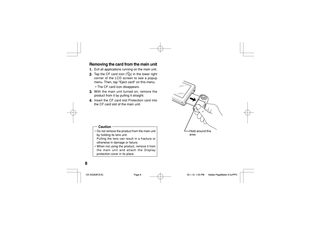 Sharp CE-AG06 operation manual Removing the card from the main unit 