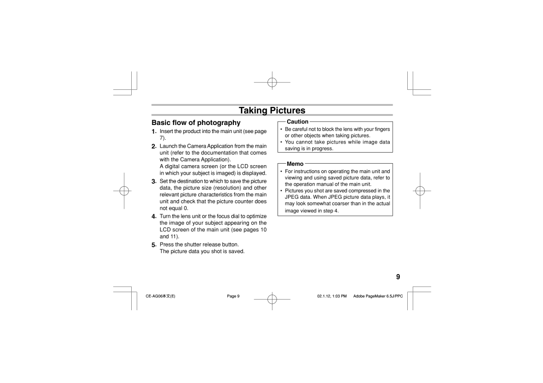 Sharp CE-AG06 operation manual Taking Pictures, Basic flow of photography, Memo 