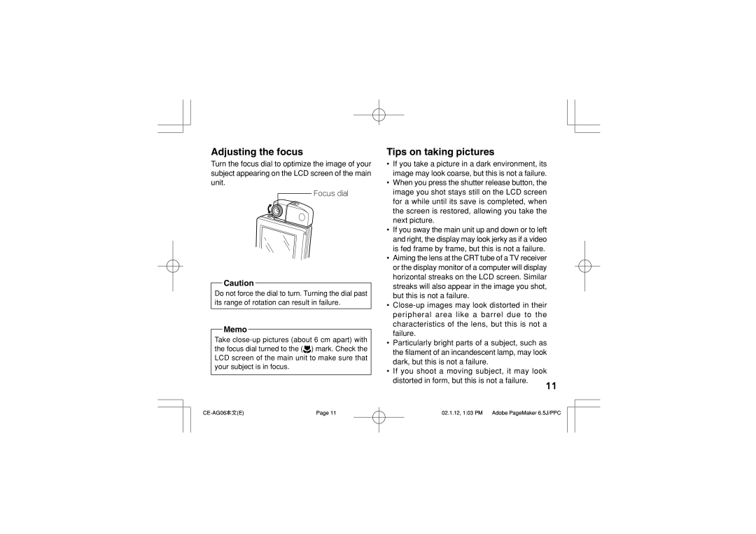 Sharp CE-AG06 operation manual Adjusting the focus, Tips on taking pictures 