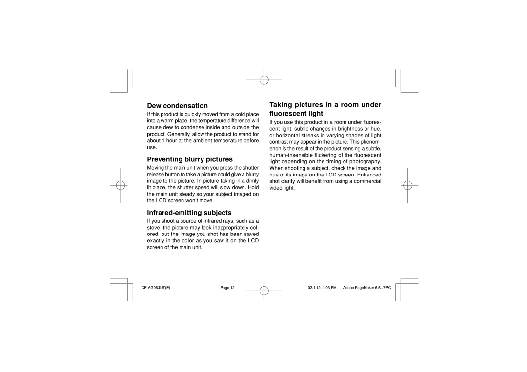 Sharp CE-AG06 operation manual Dew condensation, Preventing blurry pictures, Infrared-emitting subjects 