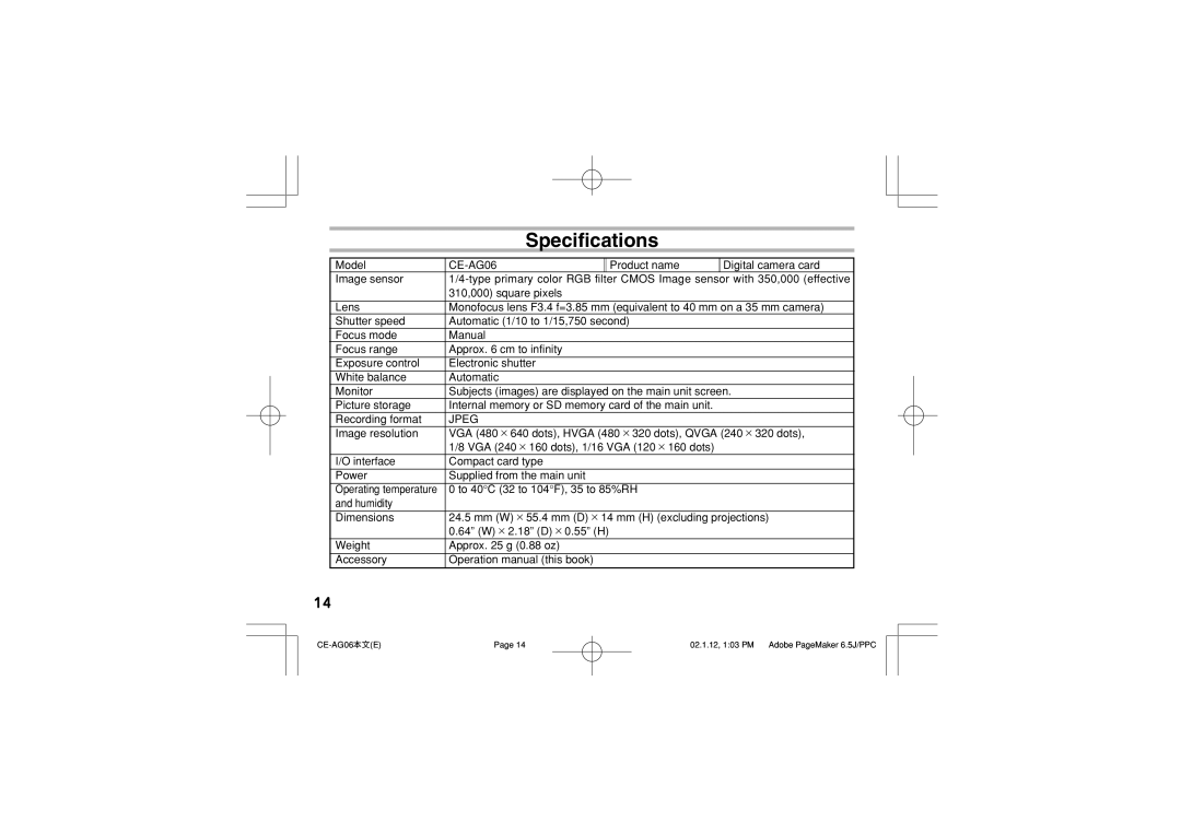 Sharp CE-AG06 operation manual Specifications, Jpeg 