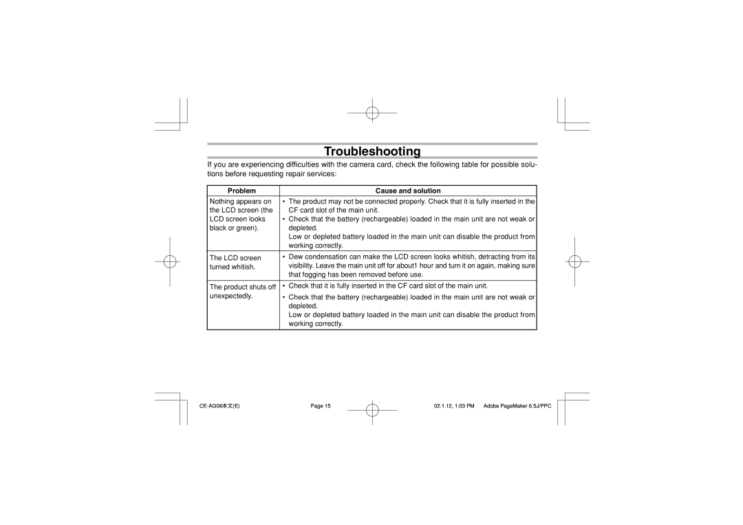 Sharp CE-AG06 operation manual Troubleshooting, Problem Cause and solution 