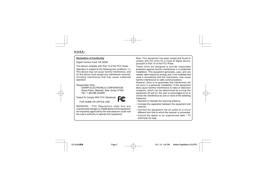 Sharp CE-AG06 operation manual U.S.A 