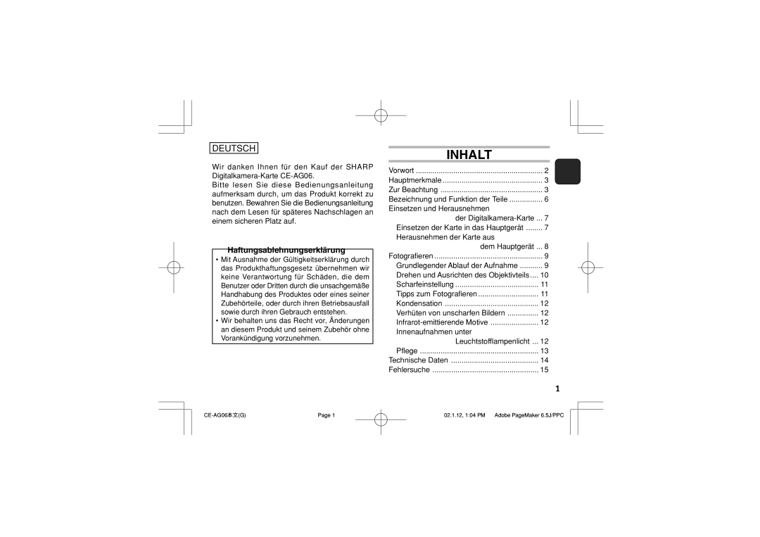 Sharp CE-AG06 operation manual Deutsch, Haftungsablehnungserklärung 