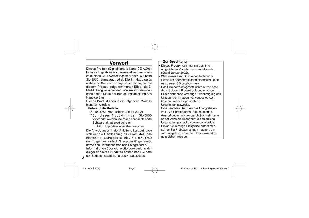 Sharp CE-AG06 operation manual Vorwort, Zur Beachtung, Unterstützte Modelle SL-5500/SL-5000 Stand Januar 