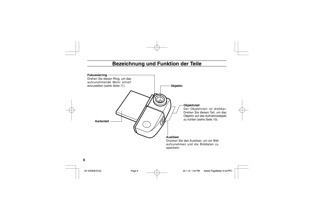 Sharp CE-AG06 Bezeichnung und Funktion der Teile, Fokussierring, Kartenteil Objektiv Objektivteil, Auslöser 