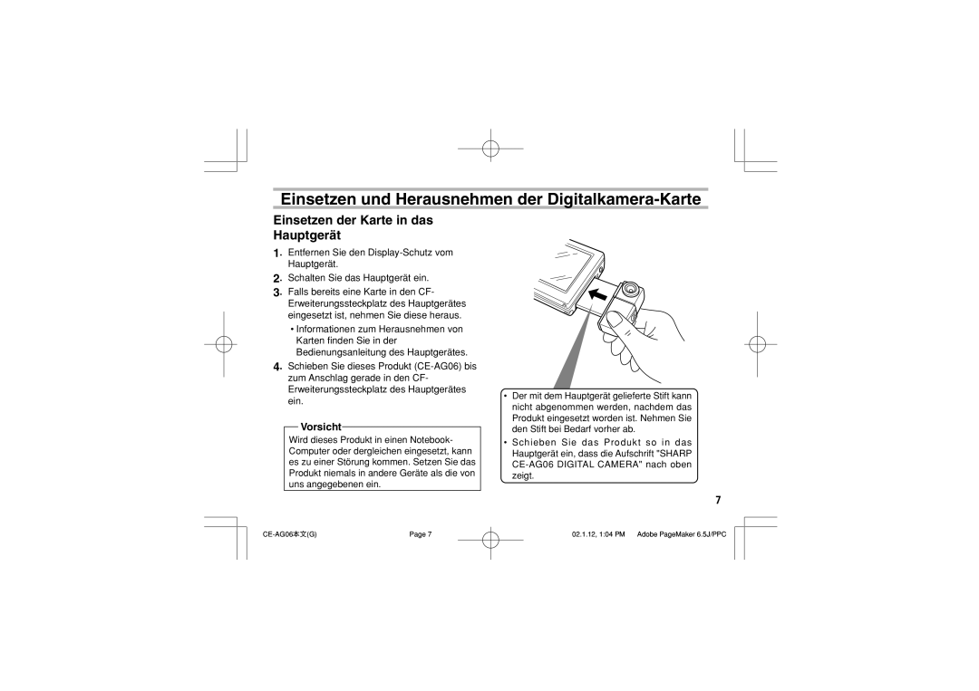 Sharp CE-AG06 Einsetzen und Herausnehmen der Digitalkamera-Karte, Einsetzen der Karte in das Hauptgerät, Vorsicht 