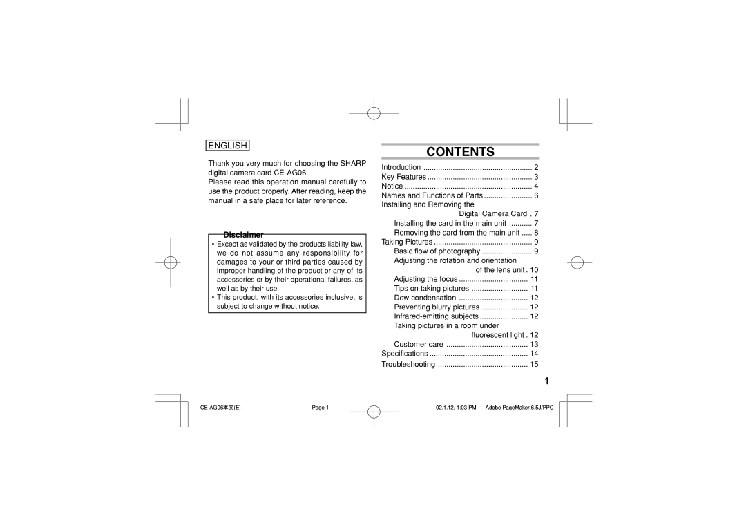 Sharp CE-AG06 operation manual Contents 