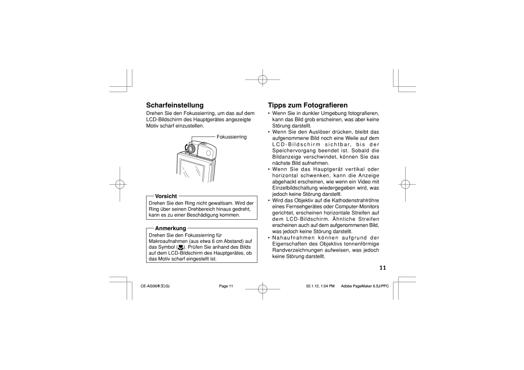 Sharp CE-AG06 operation manual Scharfeinstellung, Tipps zum Fotografieren 