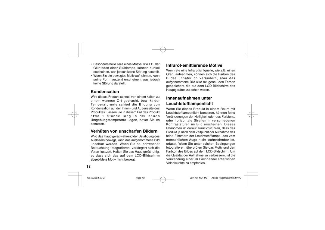 Sharp CE-AG06 operation manual Kondensation, Verhüten von unscharfen Bildern, Infrarot-emittierende Motive 