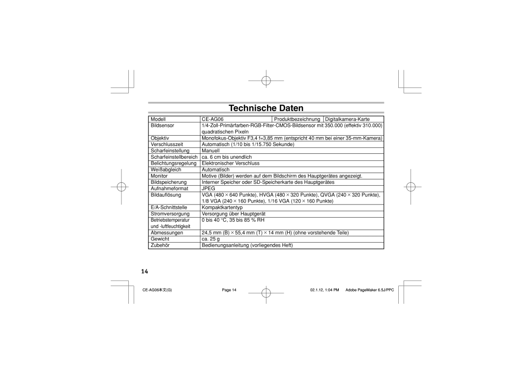 Sharp CE-AG06 operation manual Technische Daten 