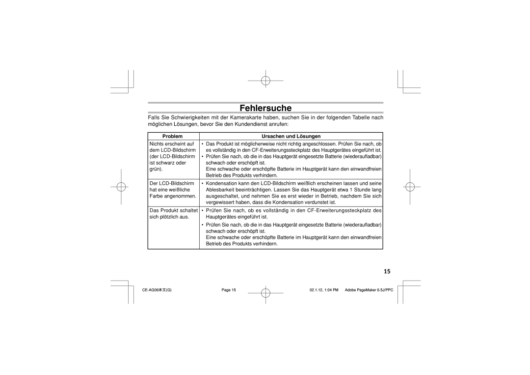 Sharp CE-AG06 operation manual Fehlersuche, Problem Ursachen und Lösungen 