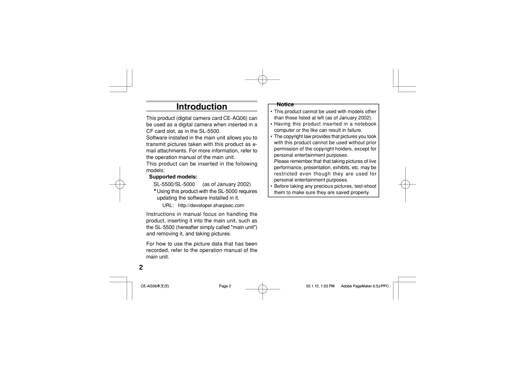 Sharp CE-AG06 operation manual Introduction, Supported models 