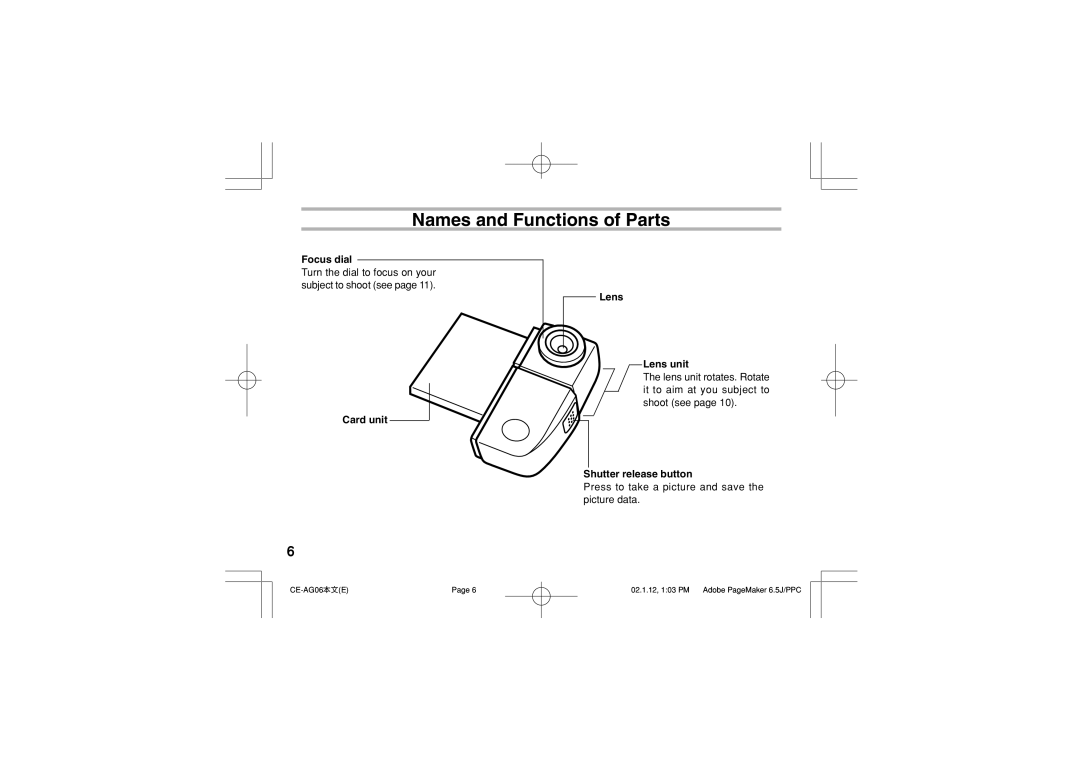 Sharp CE-AG06 operation manual Names and Functions of Parts, Focus dial, Lens Lens unit, Card unit Shutter release button 