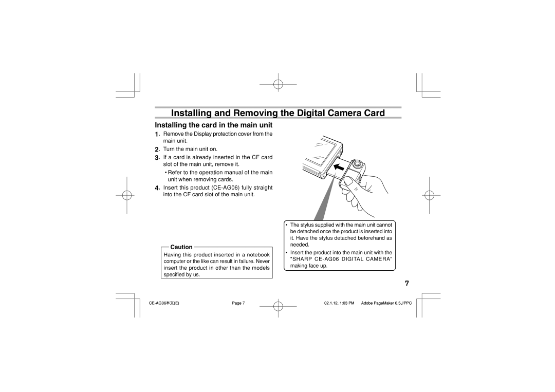 Sharp CE-AG06 operation manual Installing and Removing the Digital Camera Card, Installing the card in the main unit 