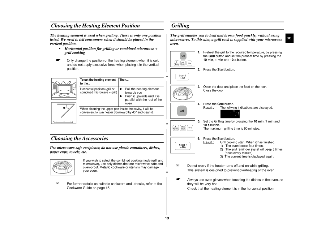 Sharp CE283DN technical specifications Choosing the Heating Element Position, Choosing the Accessories, Grilling 