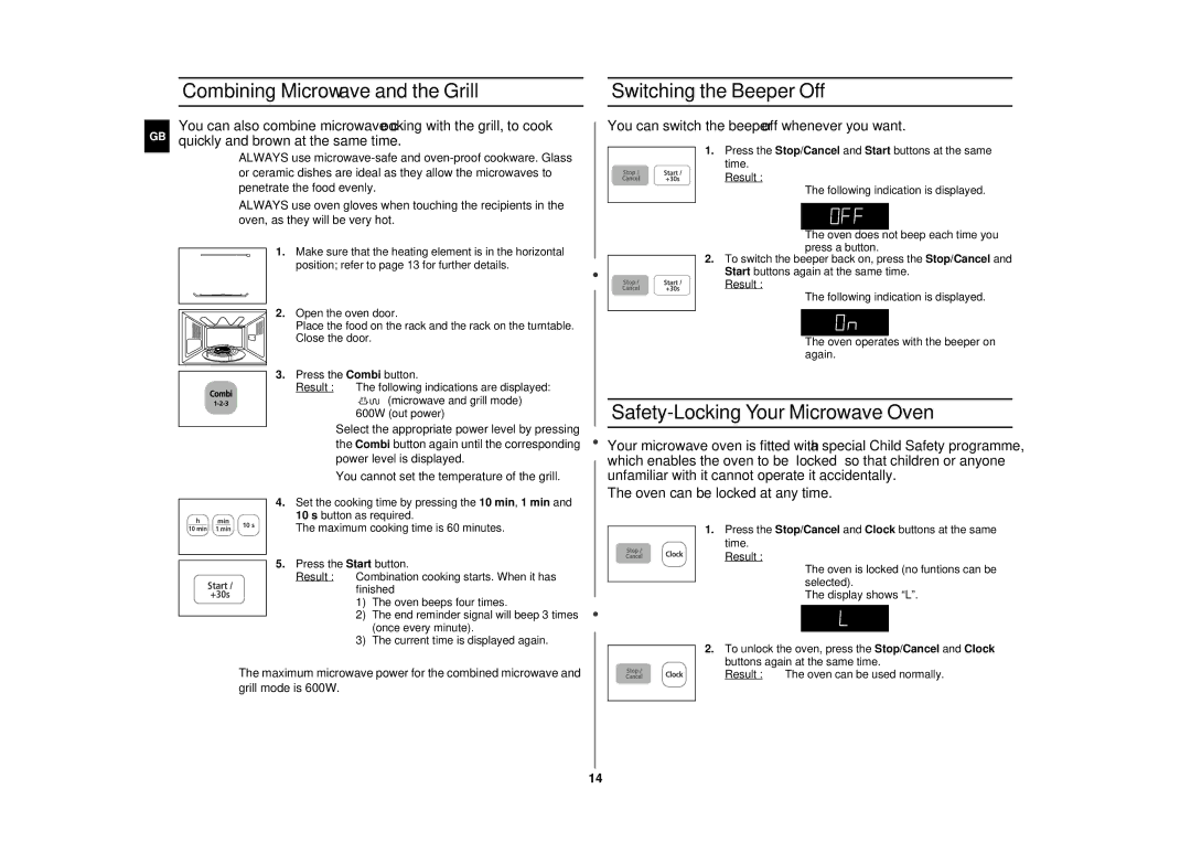 Sharp CE283DN Combining Microwave and the Grill Switching the Beeper Off, Safety-Locking Your Microwave Oven 