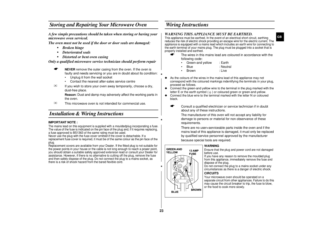 Sharp CE283DN Storing and Repairing Your Microwave Oven, Installation & Wiring Instructions, Important Note, Circuits 