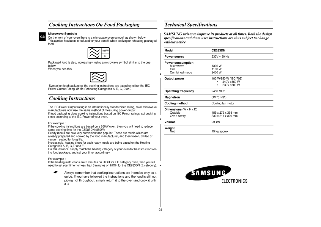 Sharp CE283DN technical specifications Cooking Instructions 