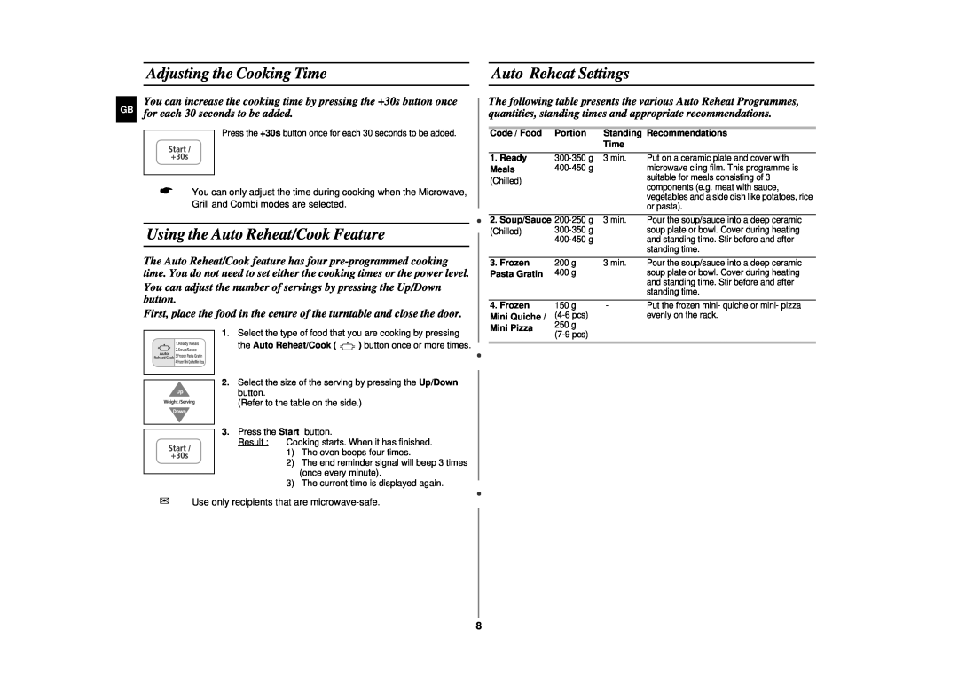 Sharp CE283DN technical specifications Adjusting the Cooking Time, Auto Reheat Settings, Using the Auto Reheat/Cook Feature 