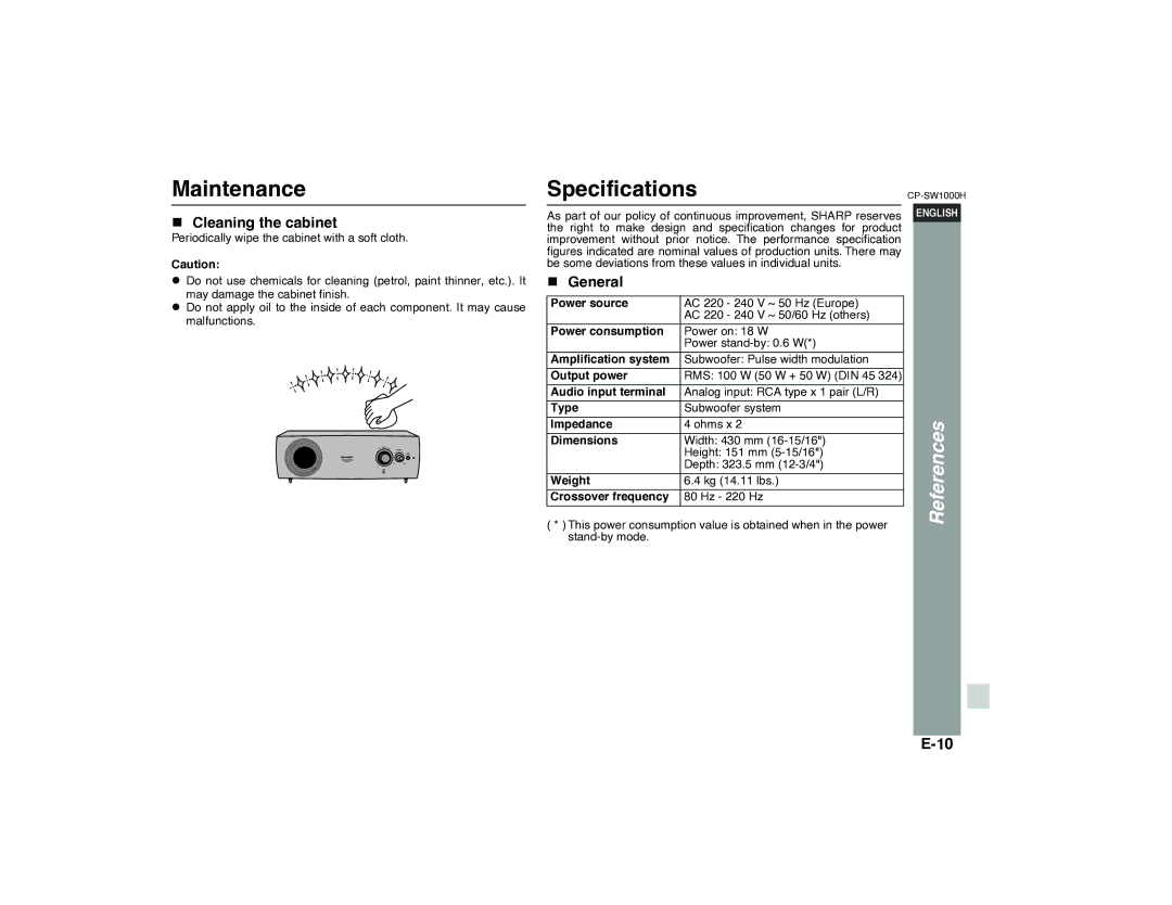 Sharp CP-SW1000H specifications Maintenance, Specifications, Cleaning the cabinet 