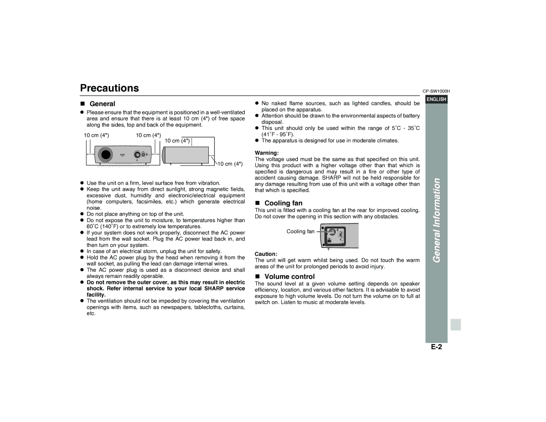 Sharp CP-SW1000H specifications Precautions, General, Cooling fan, Volume control 