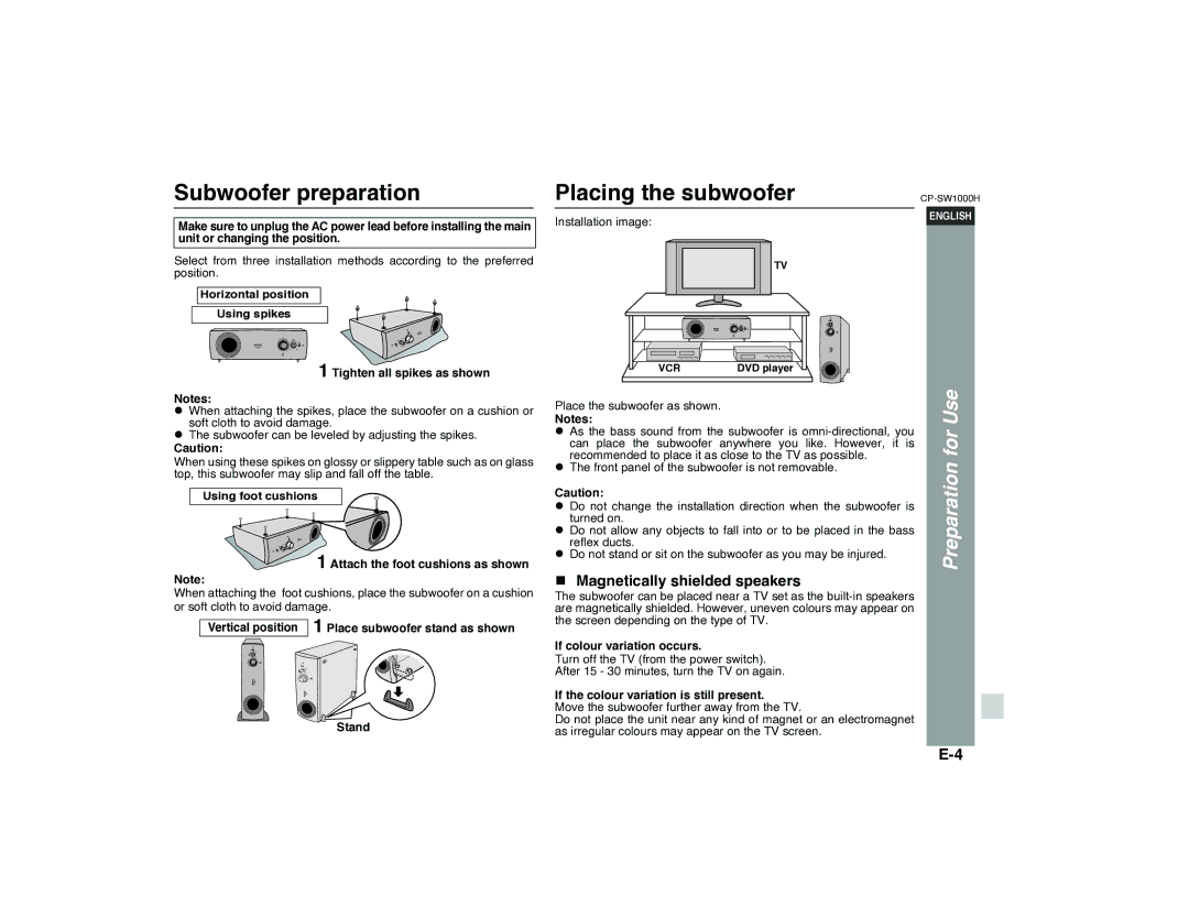 Sharp CP-SW1000H specifications Subwoofer preparation, Placing the subwoofer, Magnetically shielded speakers 