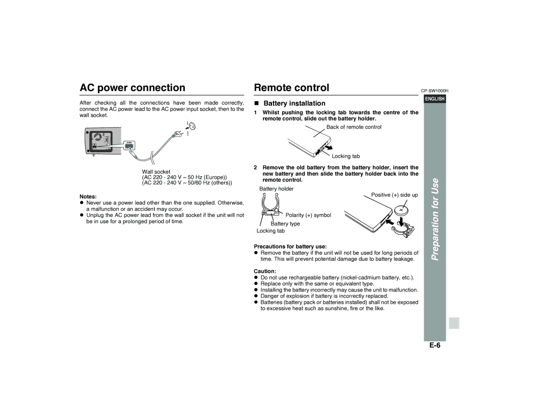 Sharp CP-SW1000H specifications AC power connection, Remote control, Battery installation, Precautions for battery use 