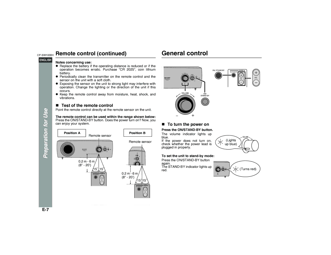 Sharp CP-SW1000H specifications General control, Test of the remote control, To turn the power on, Position a 