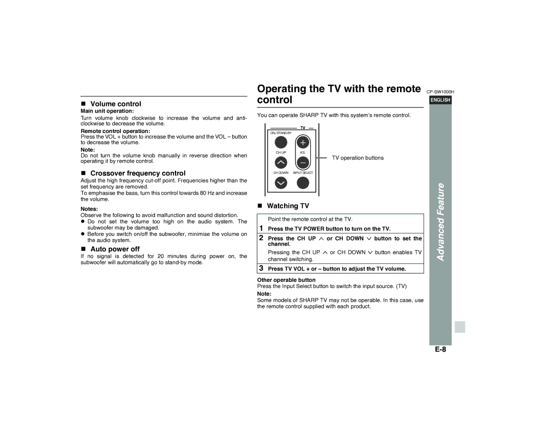 Sharp CP-SW1000H Operating the TV with the remote control, Crossover frequency control, Auto power off, Watching TV 