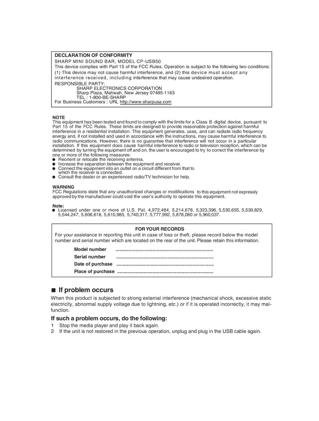 Sharp CP-USB50 manual If problem occurs, If such a problem occurs, do the following, Declaration of Conformity 