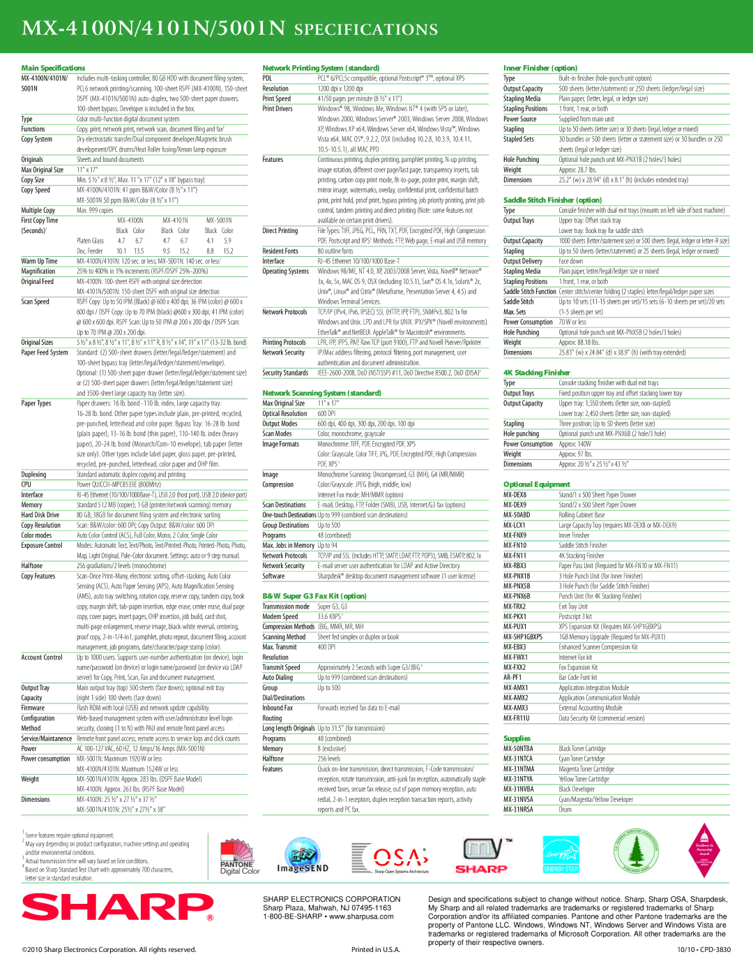 Sharp CPD-3830, MX-4101N, MX-5001N manual MX-4100N/4101N/5001N, Specifications 