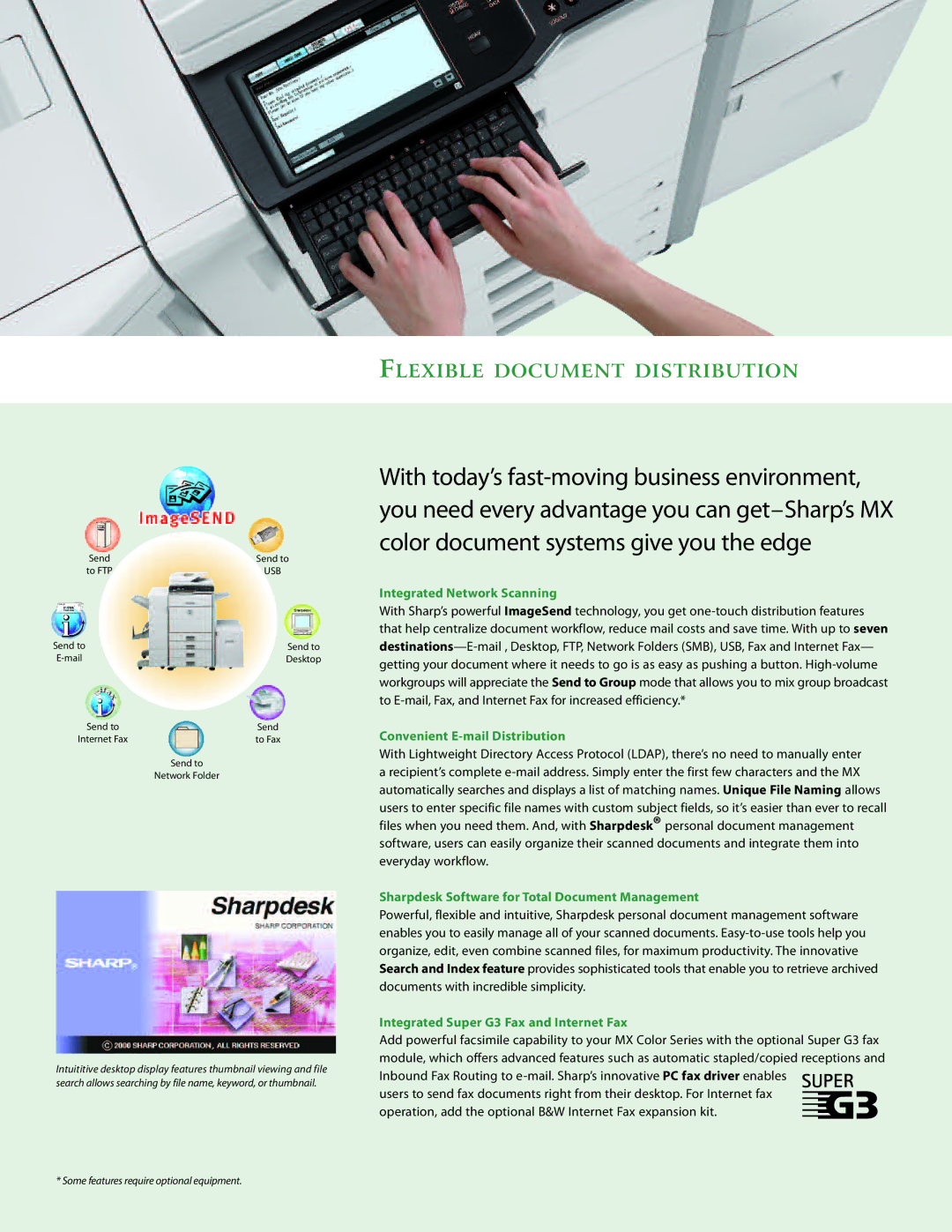 Sharp MX-5001N manual Integrated Network Scanning, Convenient E-mail Distribution, Integrated Super G3 Fax and Internet Fax 