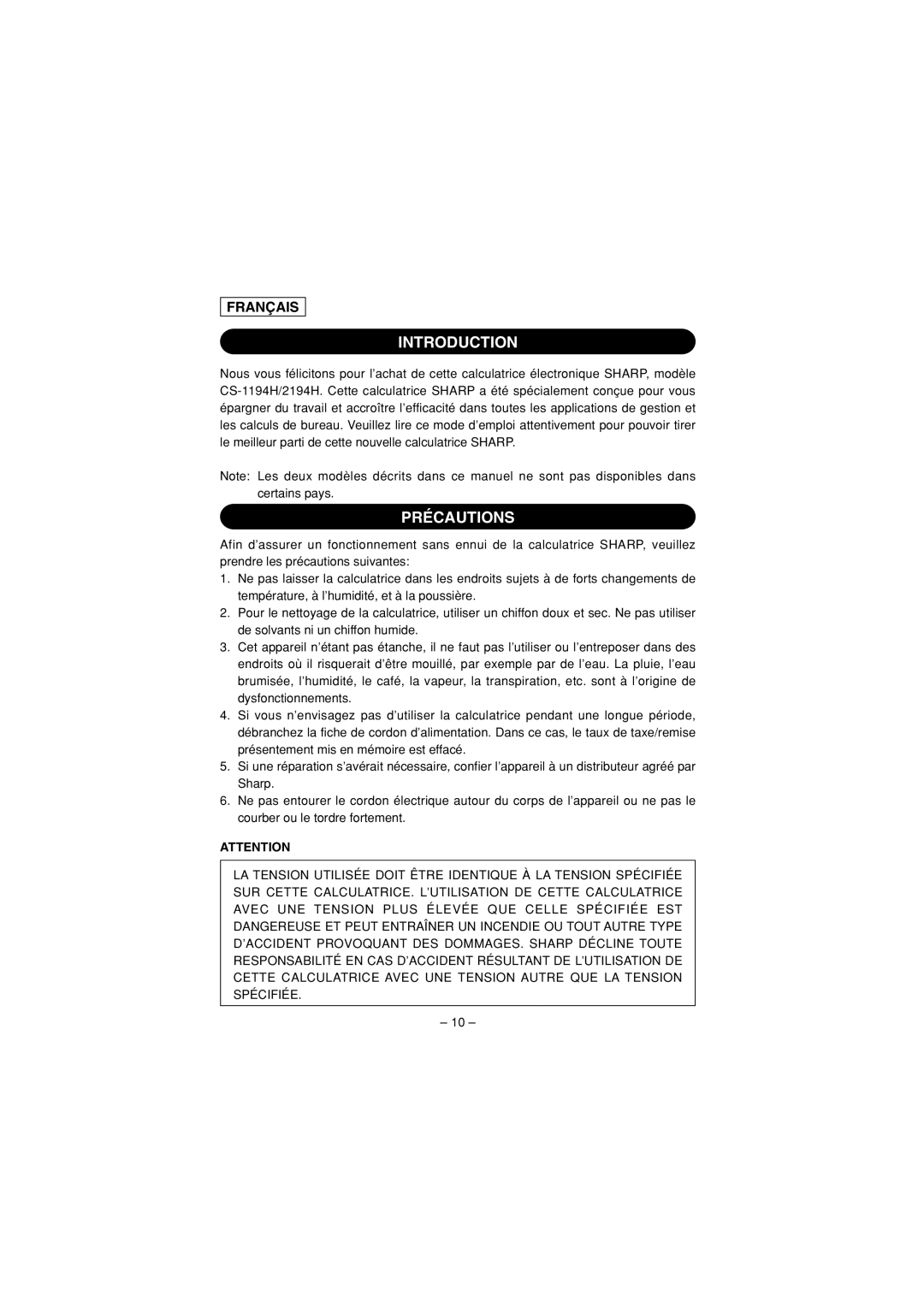 Sharp CS-2194H, CS-1194H operation manual Introduction, Précautions 