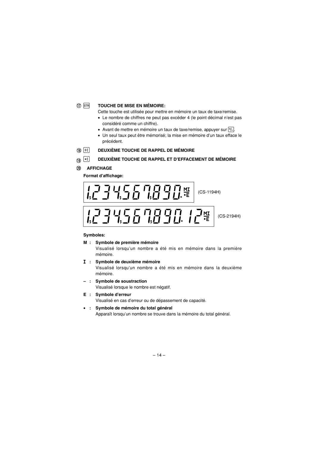 Sharp CS-2194H, CS-1194H operation manual Touche DE Mise EN Mémoire 