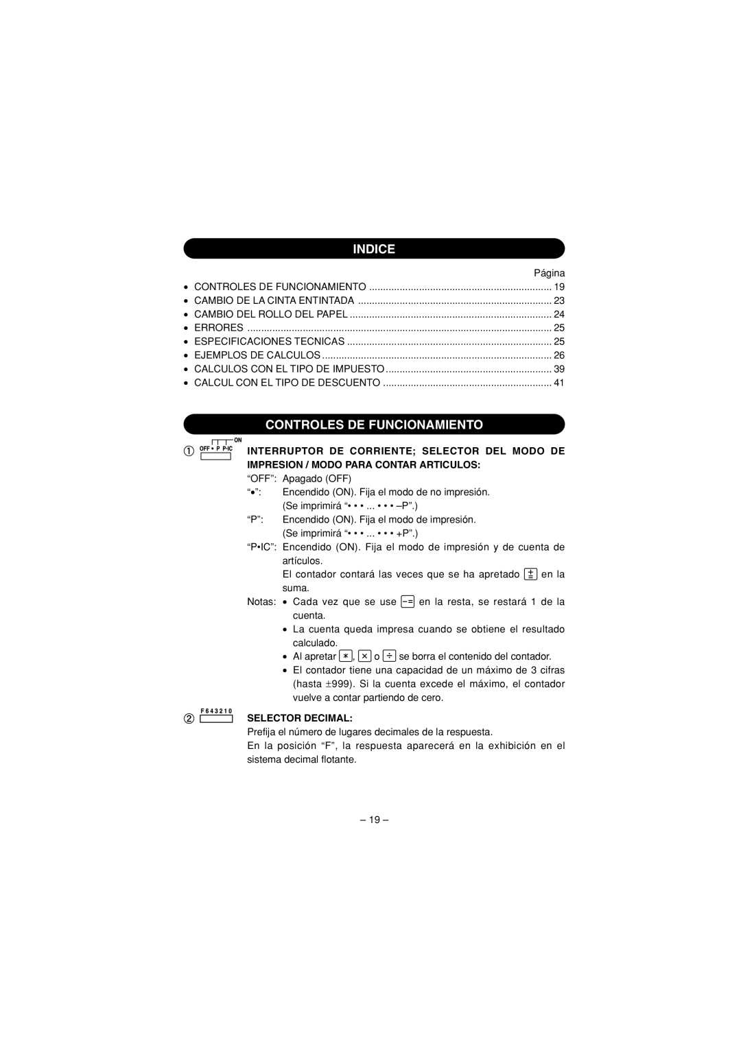 Sharp CS-1194H, CS-2194H operation manual Indice, Controles DE Funcionamiento, Selector Decimal 