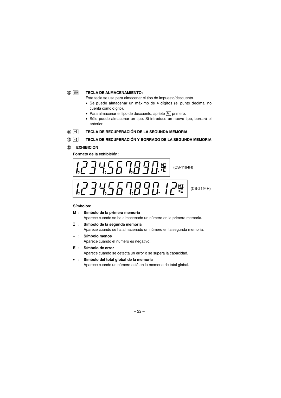 Sharp CS-2194H, CS-1194H operation manual Tecla DE Almacenamiento 