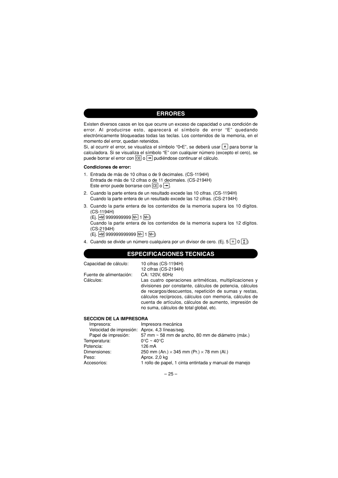 Sharp CS-1194H, CS-2194H operation manual Errores, Especificaciones Tecnicas, Condiciones de error, Seccion DE LA Impresora 