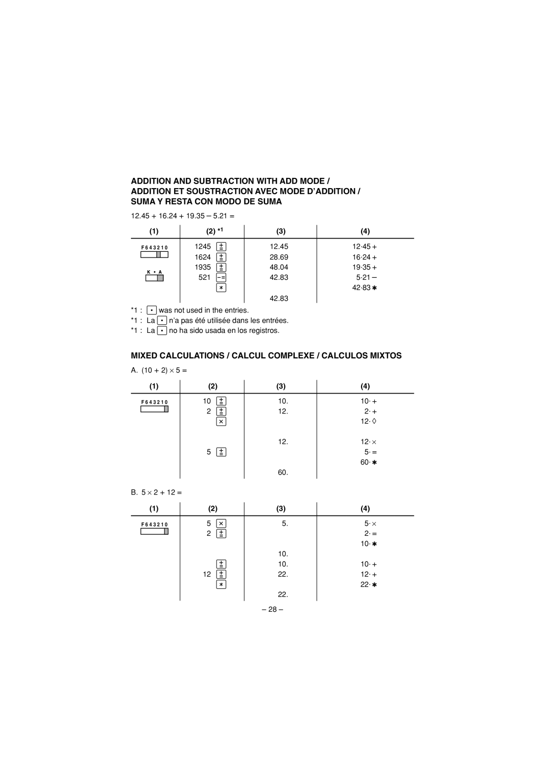 Sharp CS-2194H, CS-1194H operation manual Mixed Calculations / Calcul Complexe / Calculos Mixtos 