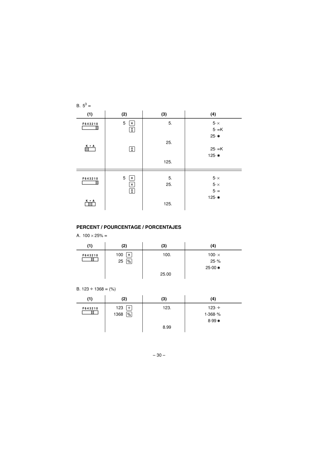 Sharp CS-2194H, CS-1194H operation manual Percent / Pourcentage / Porcentajes 